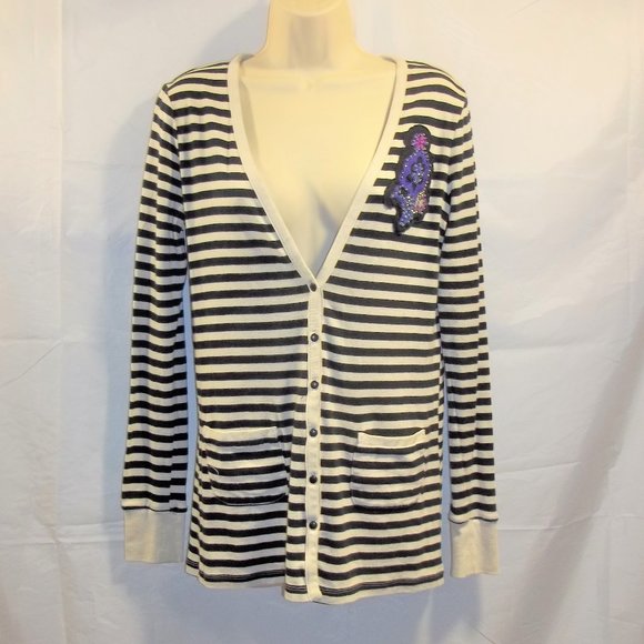 Ann Taylor LOFT Womens Cardigan Size M Striped Floral Embellished White Black - Picture 1 of 5